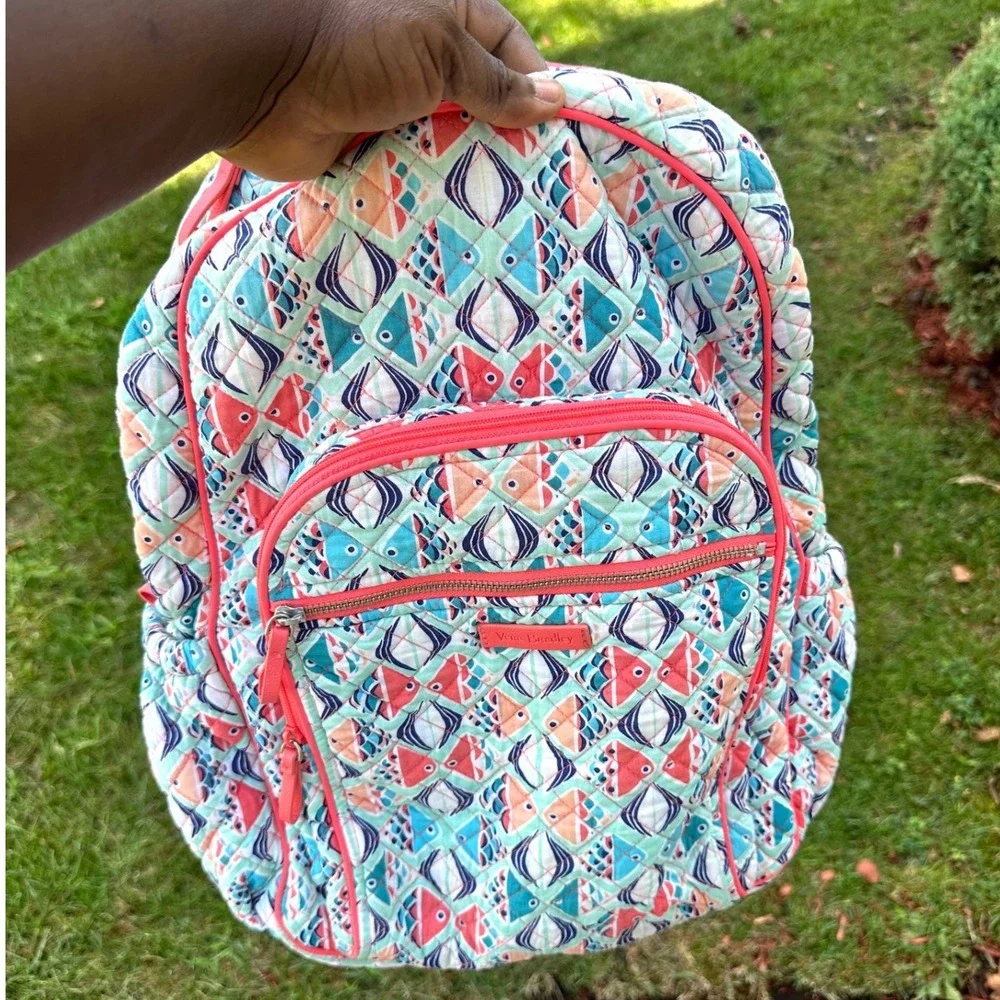 Vera Bradley Iconic Campus Quilted Cotton Backpack Go Fish Print Orange Blue